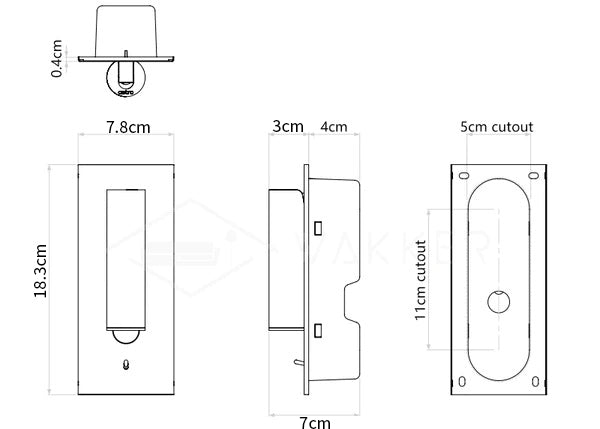 Dimension drawing of the folded back bedside wall lamp, in outline against white.