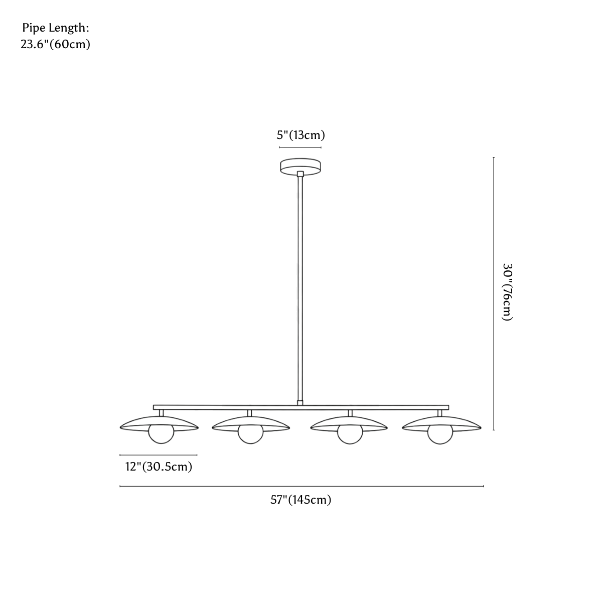Clérachic pendant light dimension drawing, every measurement marked in centimetres and inches.