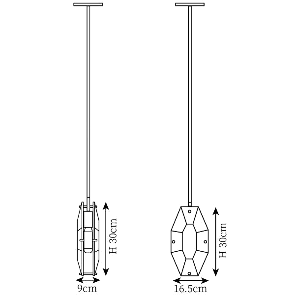 Dimension drawing of this Clérachic pendant, with its height of 30 cm, width of 16.5 cm and depth of 9 cm marked.