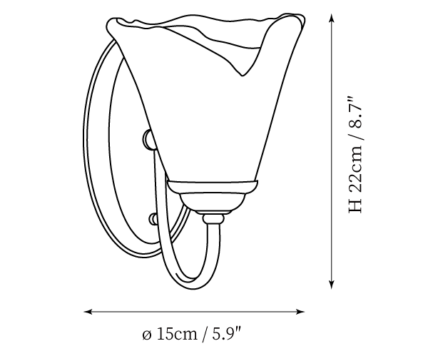 Dimension drawing of this Clérachic wall sconce, with its 22 cm height and 15 cm width marked.