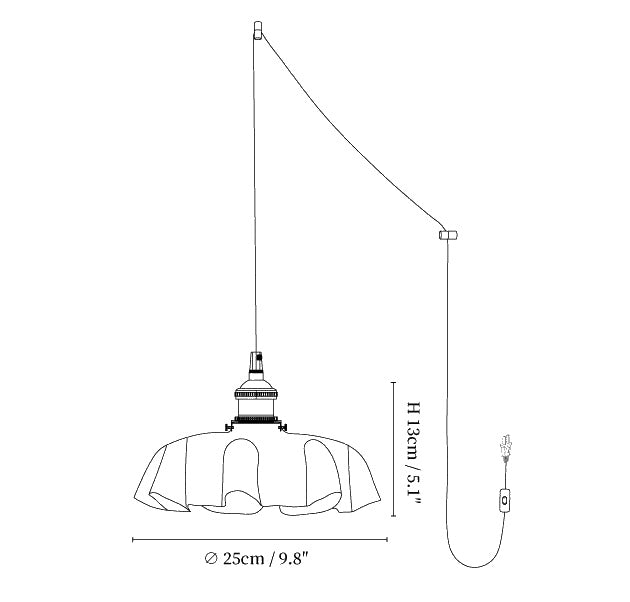 Dimension drawing of the french flower pendant swag light, in outline against white.