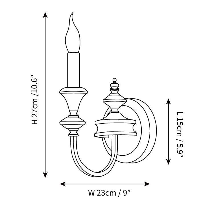 Dimension drawing of this single-arm Clérachic wall light, with its 27 cm height, 23 cm projection and 15 cm backplate marked.
