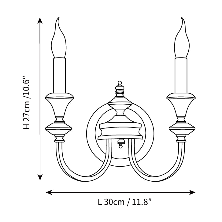 Dimension drawing of this two-arm Clérachic wall light, with its 27 cm height and 30 cm width marked.