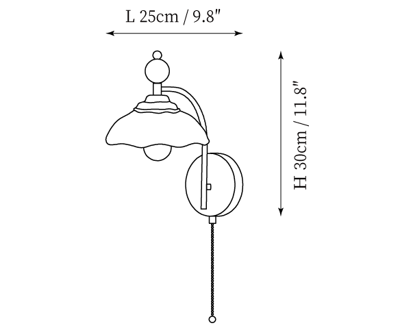 Dimension drawing of this Clérachic wall light with a scalloped shade, with its height and width marked.