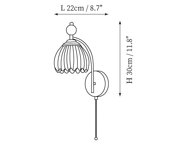Dimension drawing of this Clérachic wall light with a ribbed bell shade, with its height and width marked.