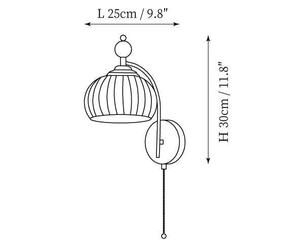 Dimension drawing of this Clérachic wall light with a rounded ribbed shade, with its height and width marked.