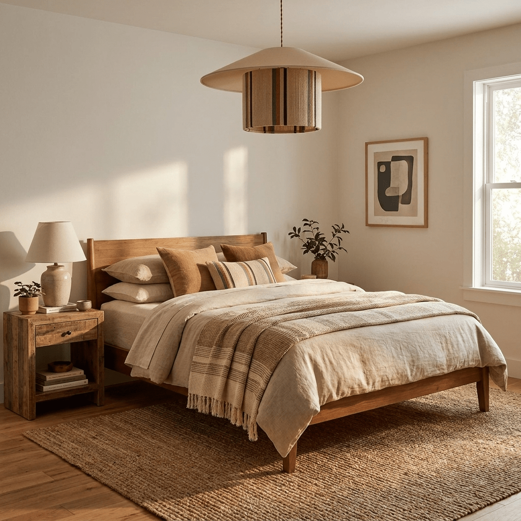 Clérachic pendant light hung above a wood-framed bed with layered linen bedding, in a neutral bedroom with a jute rug.