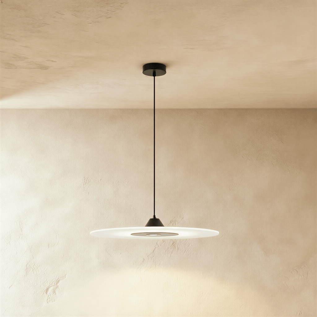 Clérachic flat frosted disc pendant with a black cone cap and dark centre panel, on a black cord against limewash plaster.