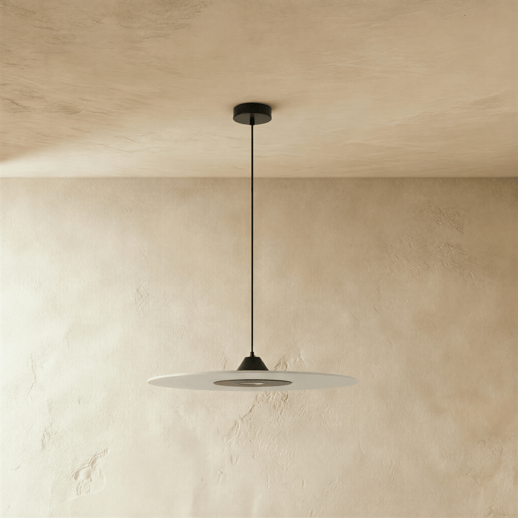 Clérachic slim frosted acrylic disc pendant in black fittings, hung from a round ceiling rose beside a plaster wall.