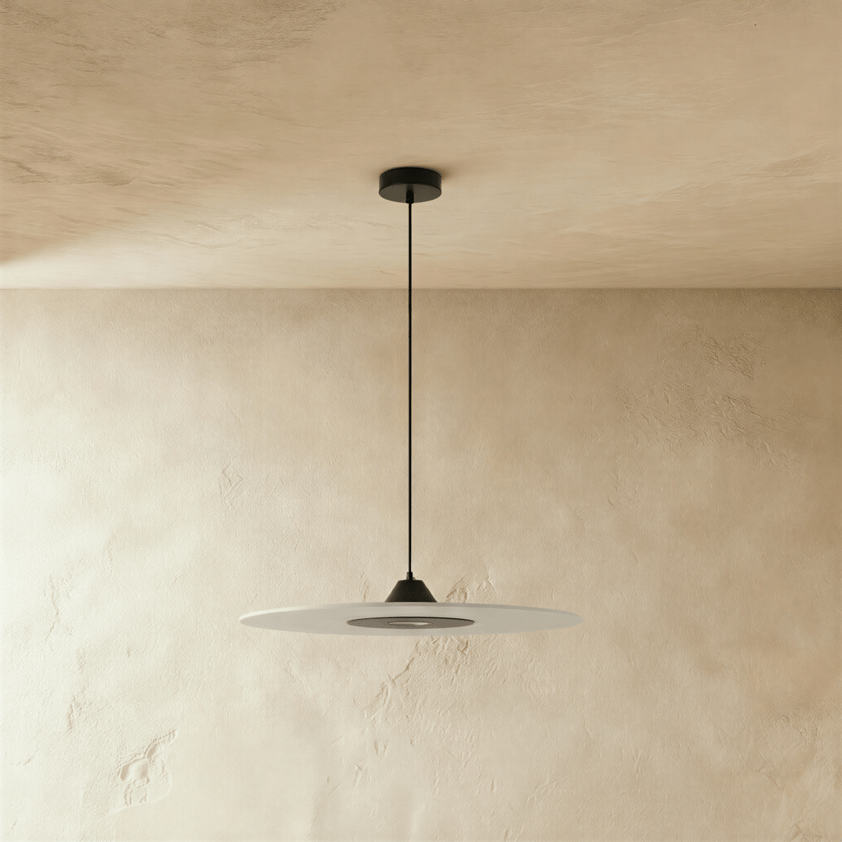 Clérachic slim frosted acrylic disc pendant in black fittings, hung from a round ceiling rose beside a plaster wall.