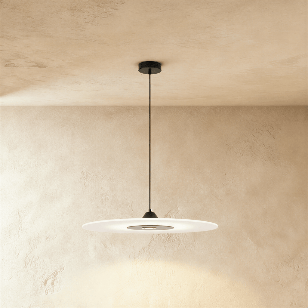 Clérachic wide frosted disc pendant with a black cone cap and round dark centre, hanging from a black canopy and cord.