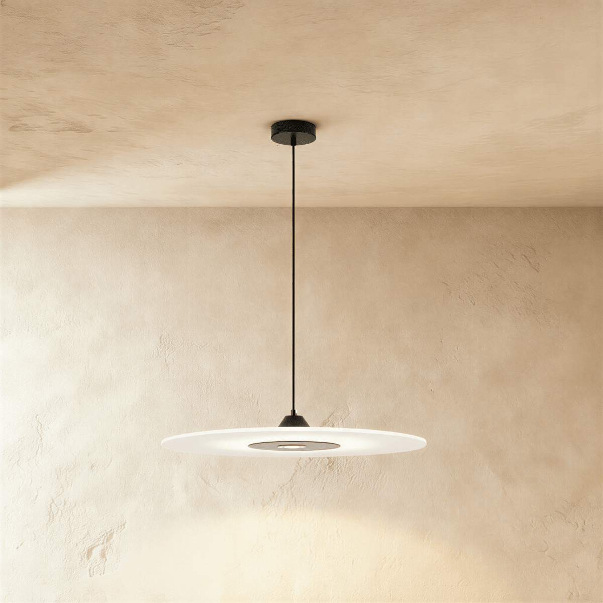 Clérachic wide frosted disc pendant with a black cone cap and round dark centre, hanging from a black canopy and cord.