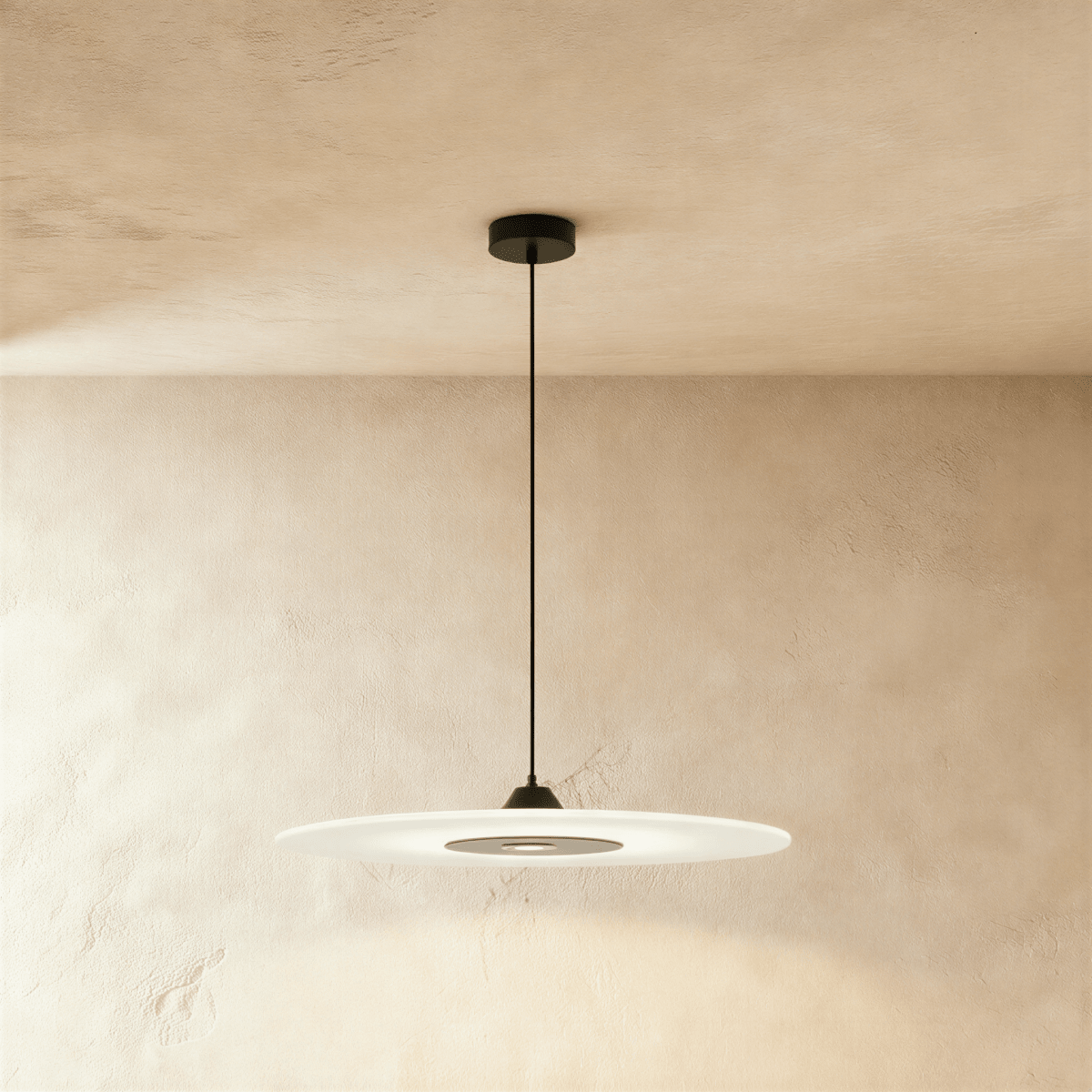 Clérachic large frosted disc pendant with black fittings, glowing softly beneath a limewash plaster ceiling and wall.