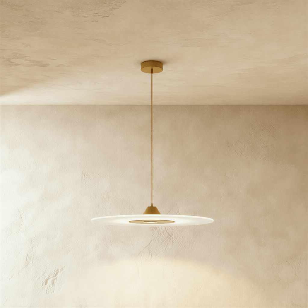 Clérachic frosted disc pendant with gold cone cap, gold centre panel and gold cord, against warm limewash plaster.