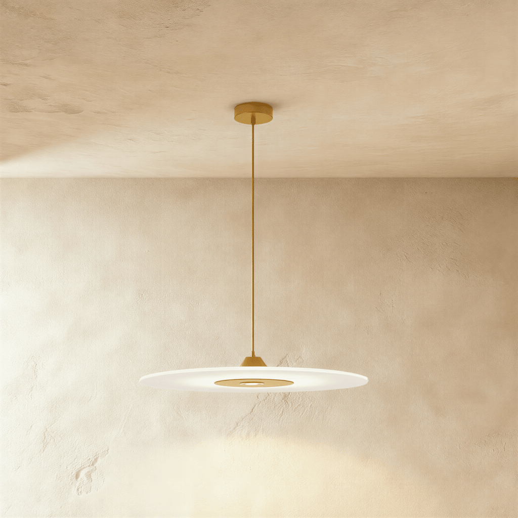 Clérachic frosted disc pendant with polished gold fittings and a slim stem, hanging below a round gold canopy.