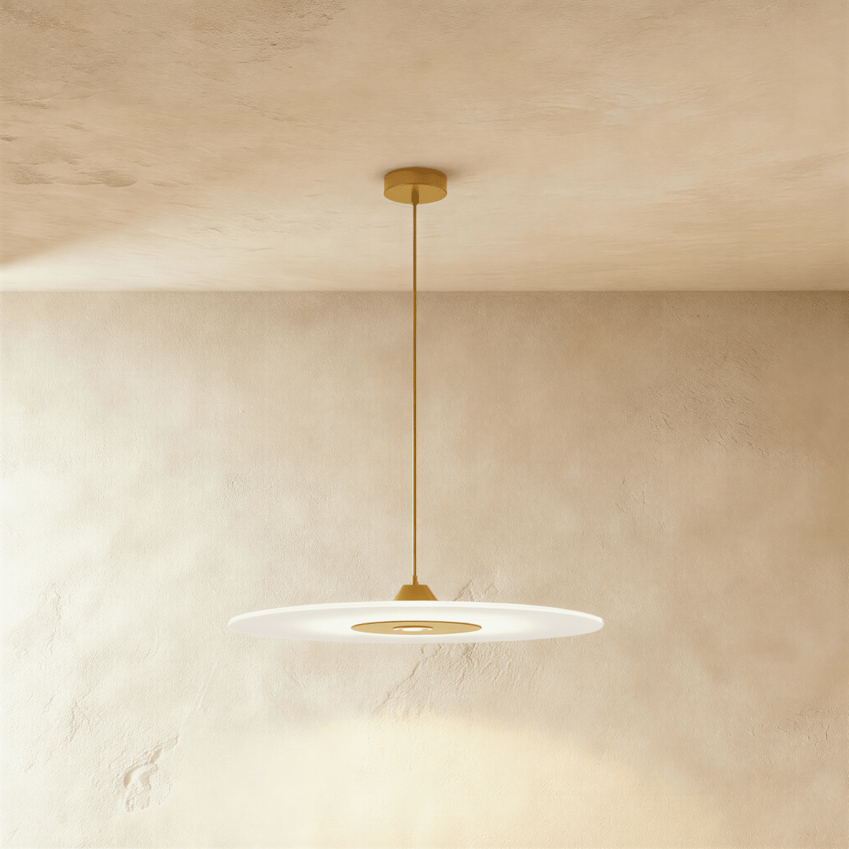 Clérachic frosted disc pendant with polished gold fittings and a slim stem, hanging below a round gold canopy.