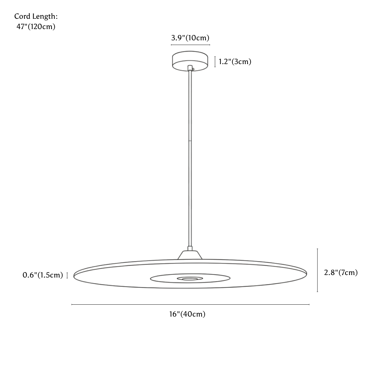 Clérachic pendant light dimension drawing, 40 cm, every measurement marked in centimetres and inches.
