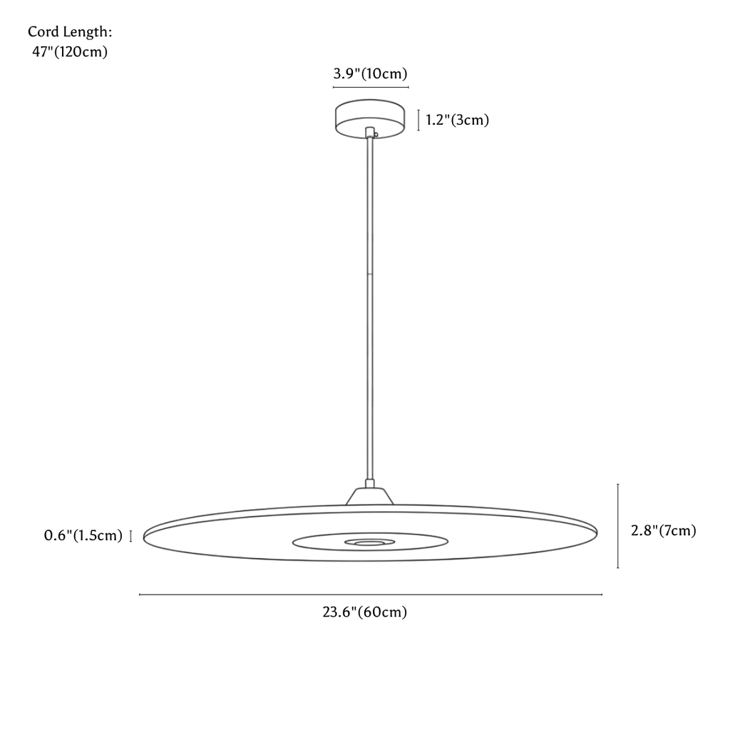 Clérachic pendant light dimension drawing, 60 cm, every measurement marked in centimetres and inches.