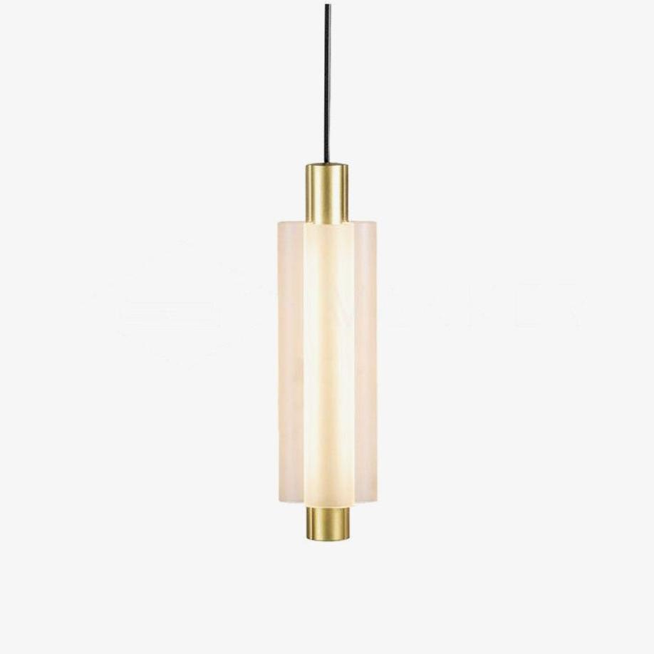One Clérachic pendant with a frosted white cylinder and gold metal ends, hung on a black cable against a plain light backdrop.