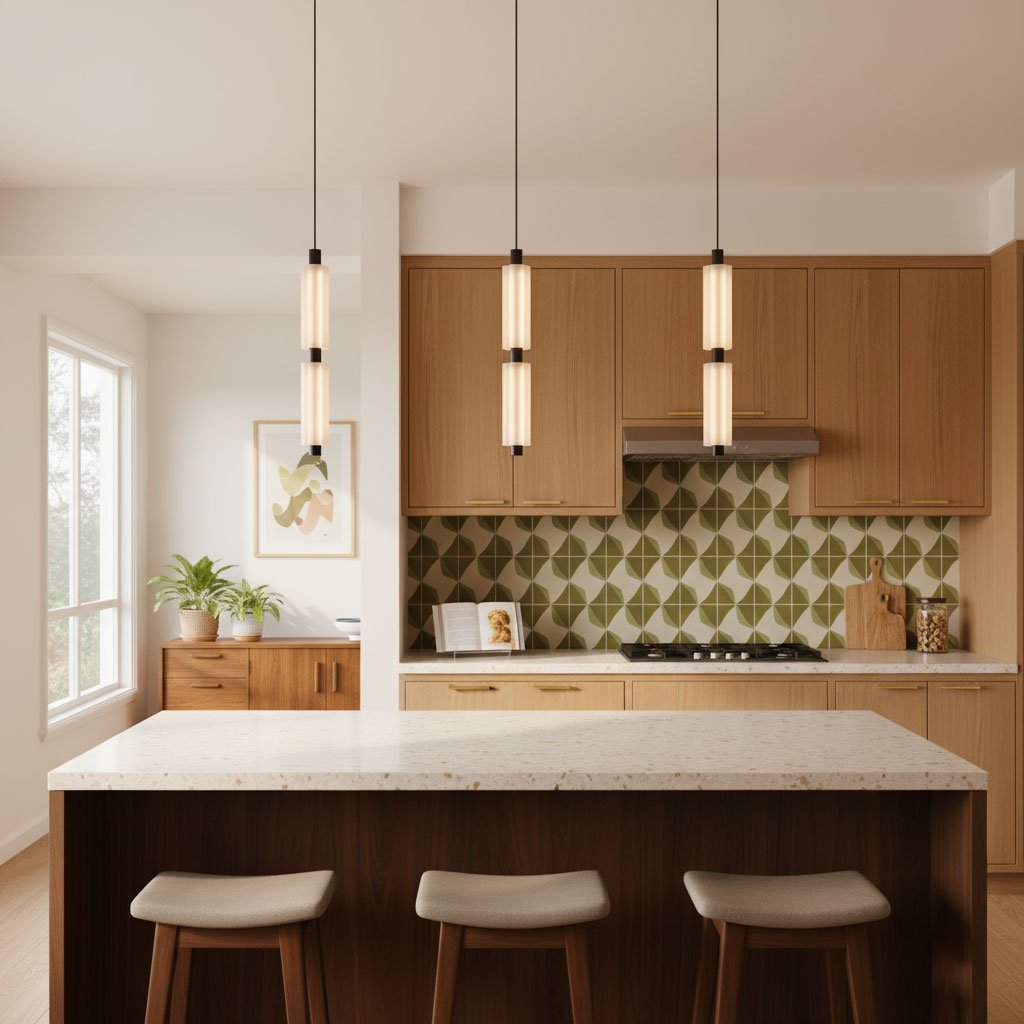 Clérachic pendants with one and two frosted heads hang in a row above a kitchen island with a terrazzo-look top and pale stools.