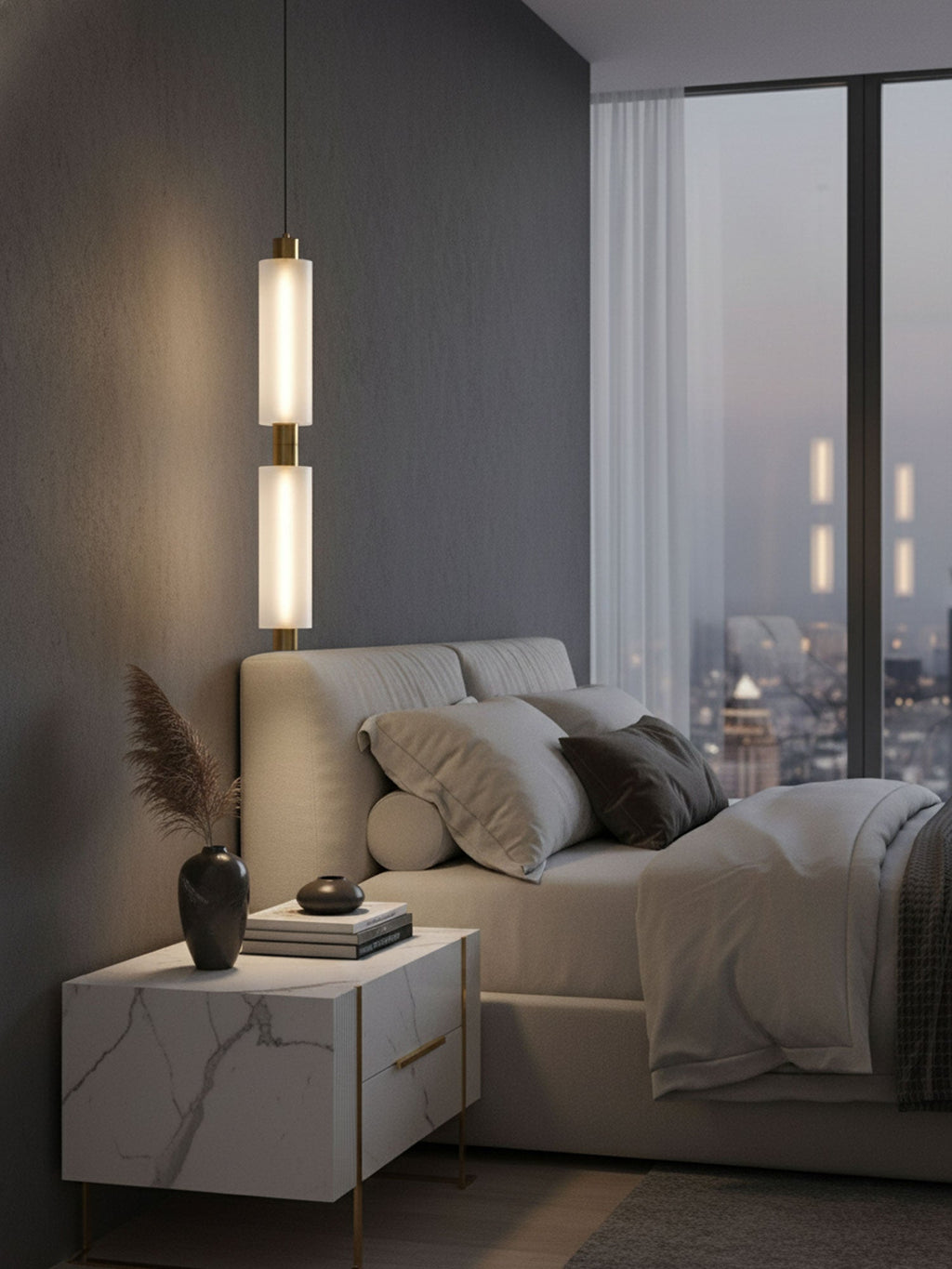 A two-head Clérachic pendant hangs by a bedside against a dark grey wall, with a city view through the window.