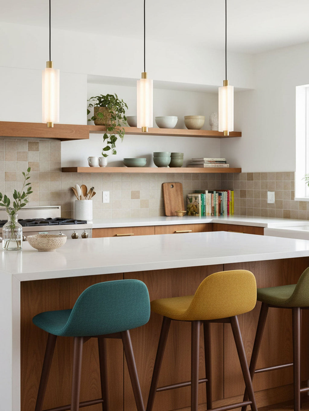 Three one-head Clérachic pendants hang above a white kitchen counter, with open wood shelves and colourful stools below.