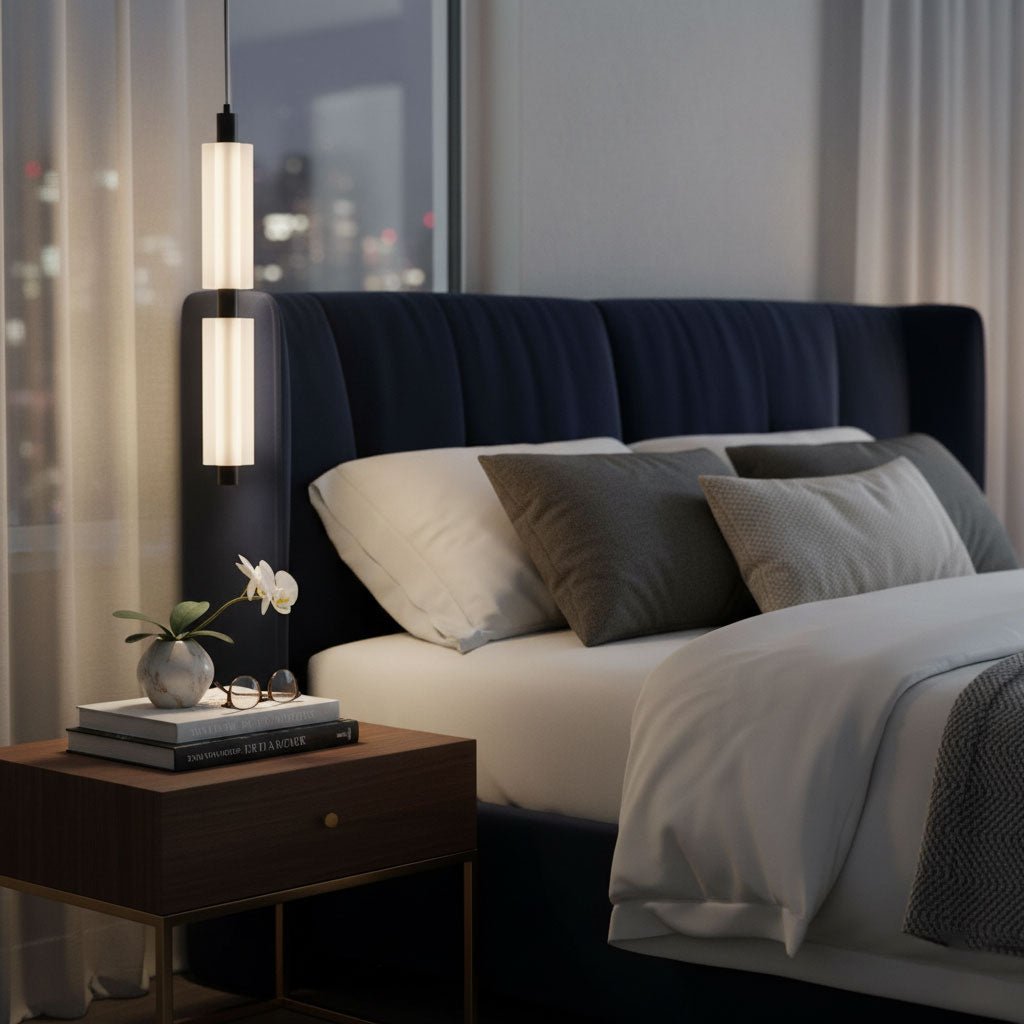 A two-head Clérachic pendant glows behind a navy bed with grey cushions, with books and flowers on the side table.