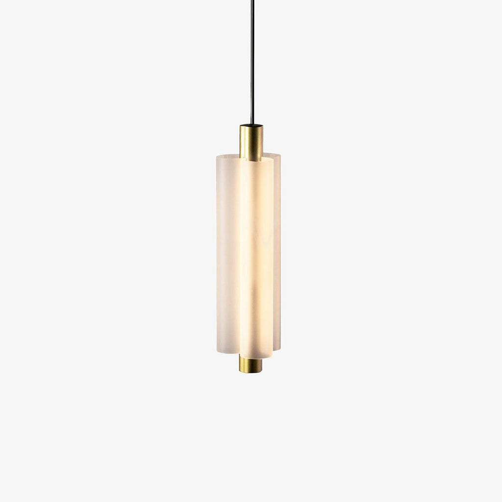 A single-head Clérachic pendant with a frosted white shade and a gold base, lit warm, on a plain white backdrop.