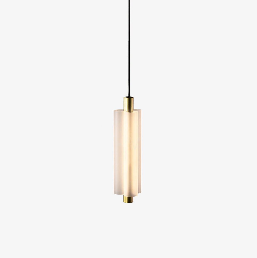 A frosted white Clérachic pendant with a gold cap and base, hung on a black cable against a white backdrop.