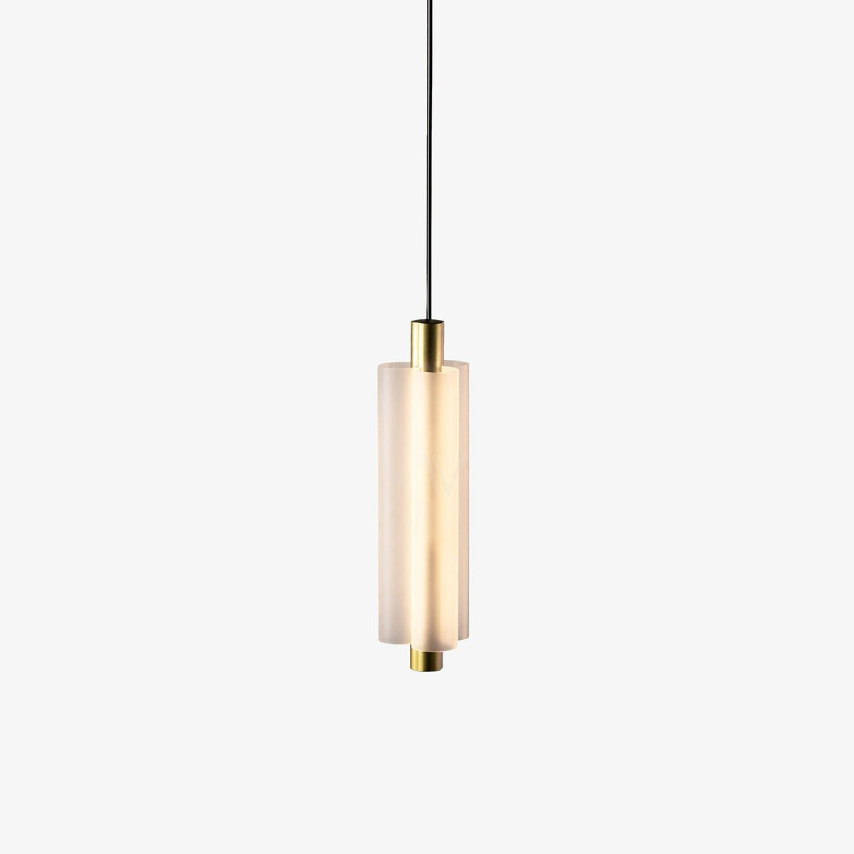 A frosted white Clérachic pendant with a gold cap and base, hung on a black cable against a white backdrop.