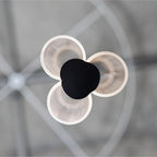 View from below of the clover-shaped frosted lobes and black base of a Clérachic pendant, with a window frame blurred behind.