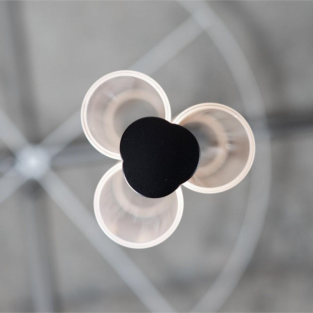 View from below of the clover-shaped frosted lobes and black base of a Clérachic pendant, with a window frame blurred behind.