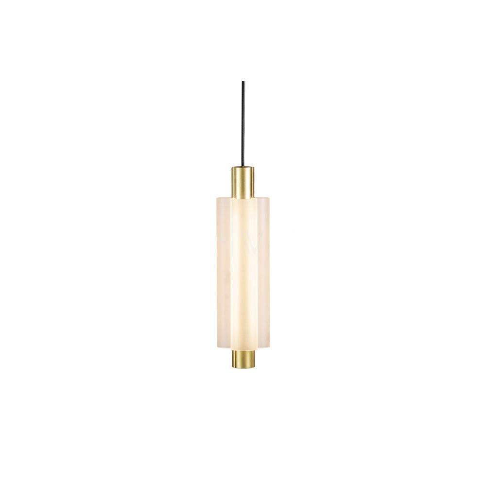 A gold-fitted single-head Clérachic pendant with a warm-lit frosted shade, on a plain white backdrop.