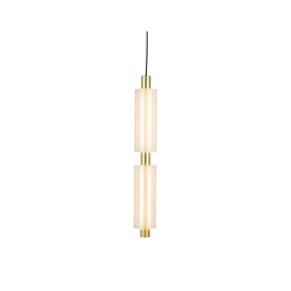 A gold-fitted two-head Clérachic pendant on a white backdrop, with the frosted heads joined by a slim gold collar.