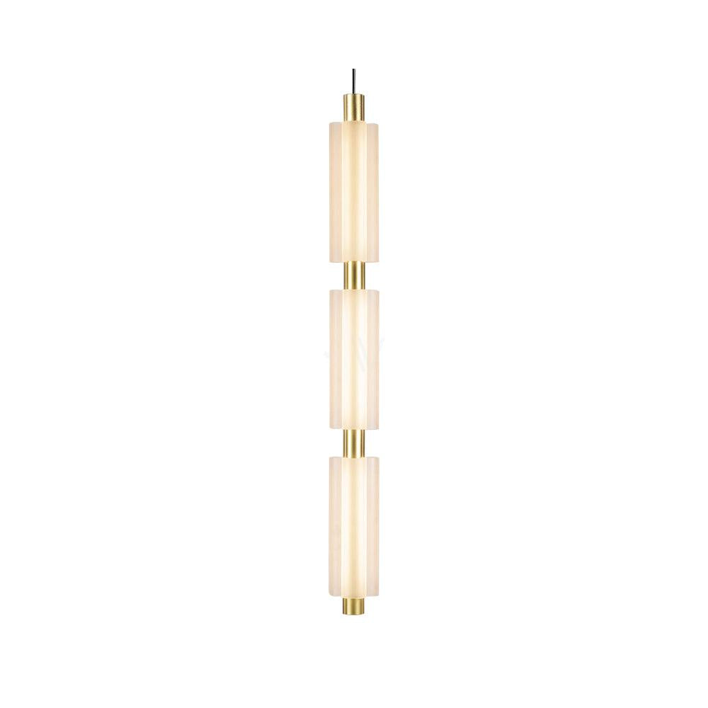A gold-fitted three-head Clérachic pendant on a white backdrop, the frosted white heads joined by gold collars.