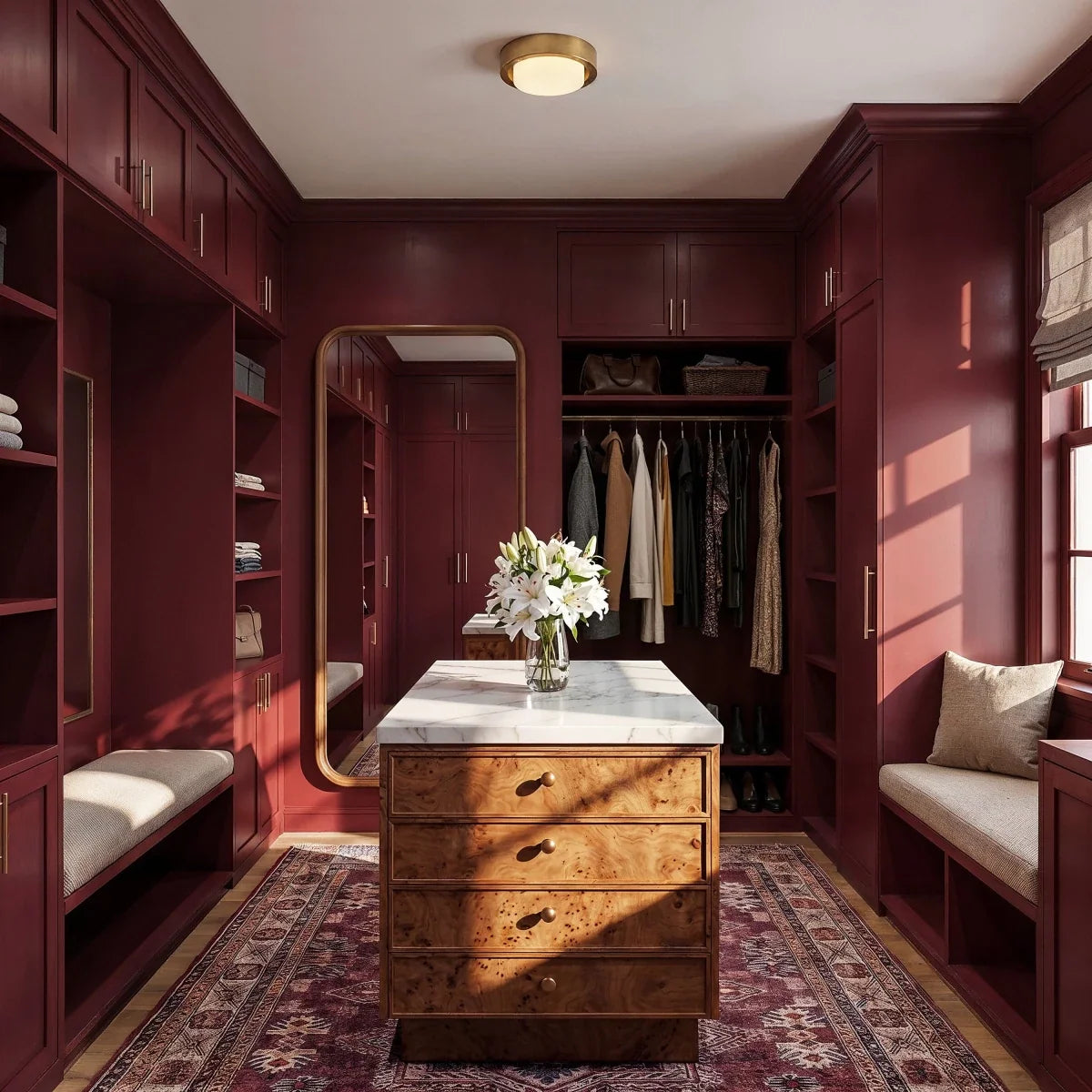 Clérachic brass flush ceiling light in a deep burgundy dressing room with an island of burr wood drawers and a marble top.