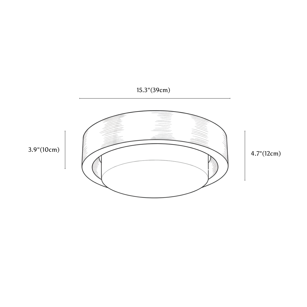 Clérachic ceiling light dimension drawing, 39 cm, every measurement marked in centimetres and inches.