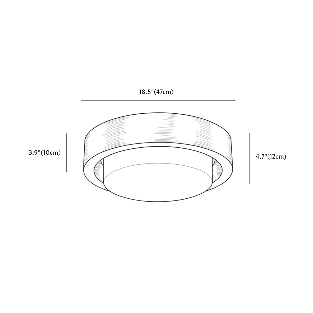 Clérachic ceiling light dimension drawing, 47 cm, every measurement marked in centimetres and inches.