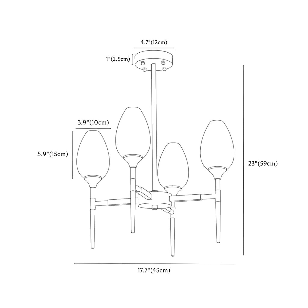 Clérachic chandelier dimension drawing, 4 heads, round, 45 × 59 cm, every measurement marked in centimetres and inches.