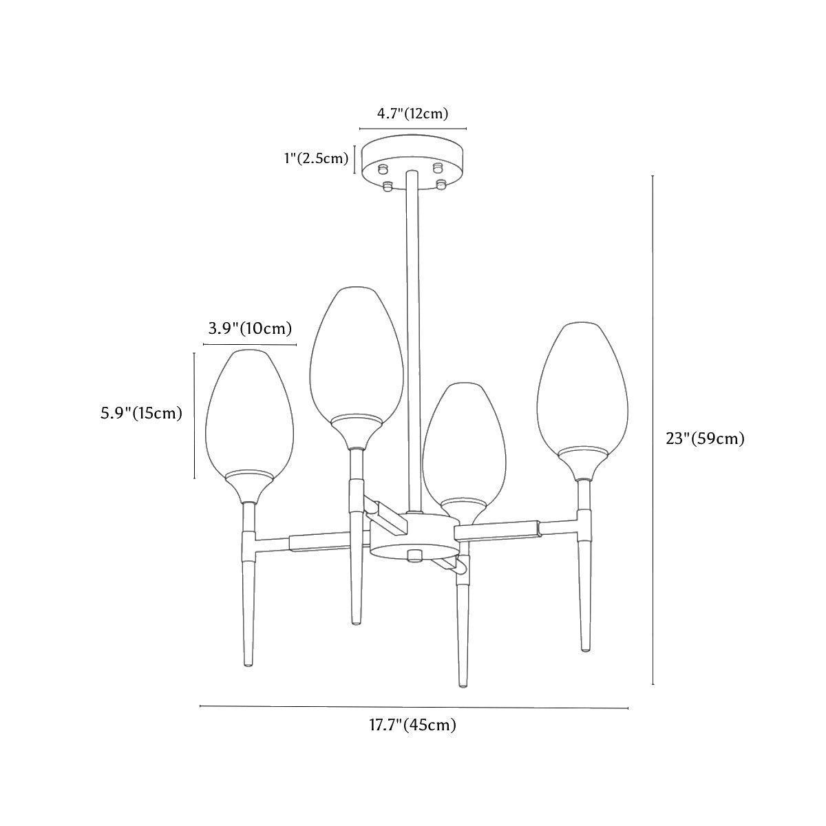 Clérachic chandelier dimension drawing, 4 heads, round, 45 × 59 cm, every measurement marked in centimetres and inches.