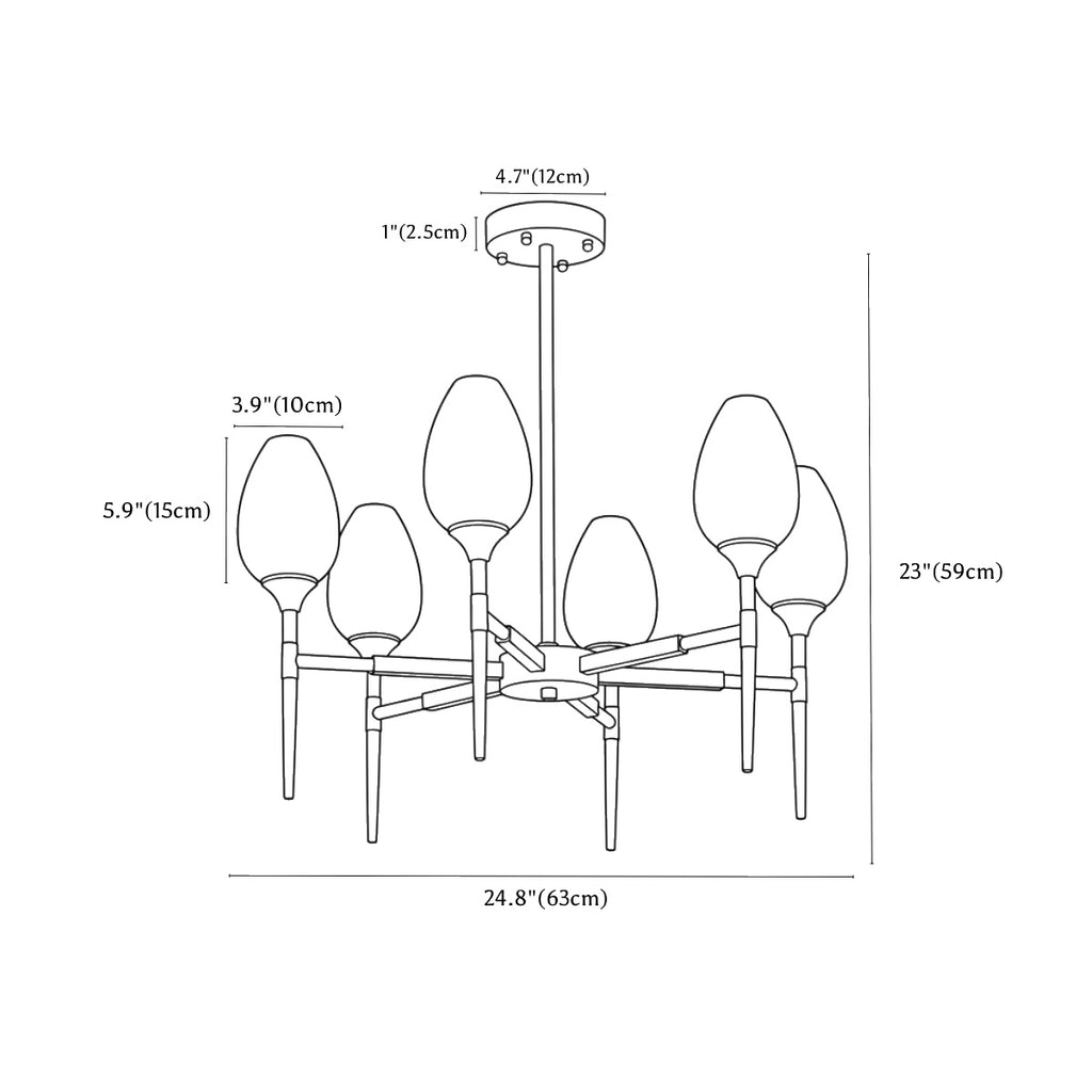 Clérachic chandelier dimension drawing, 6 heads, round, 63 × 59 cm, every measurement marked in centimetres and inches.