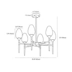 Clérachic chandelier dimension drawing, 6 heads, round, 63 × 59 cm, every measurement marked in centimetres and inches.