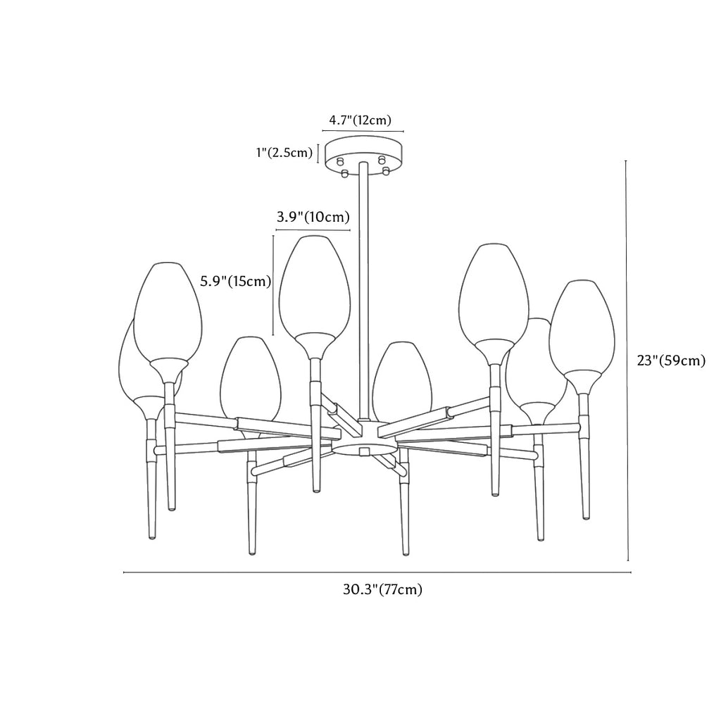 Clérachic chandelier dimension drawing, 8 heads, round, 77 × 59 cm, every measurement marked in centimetres and inches.