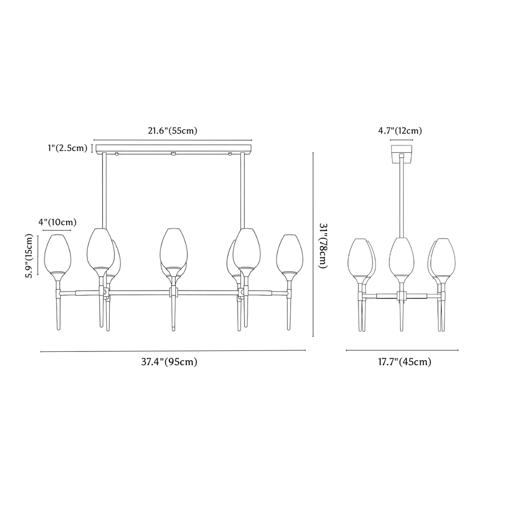 Clérachic chandelier dimension drawing, 8 heads, linear, 95 × 45 × 78 cm, every measurement marked in centimetres and inches.