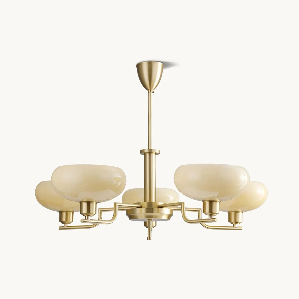 This Clérachic chandelier on a plain white backdrop, five frosted beige glass domes on gold arms below a slim gold rod and canopy.