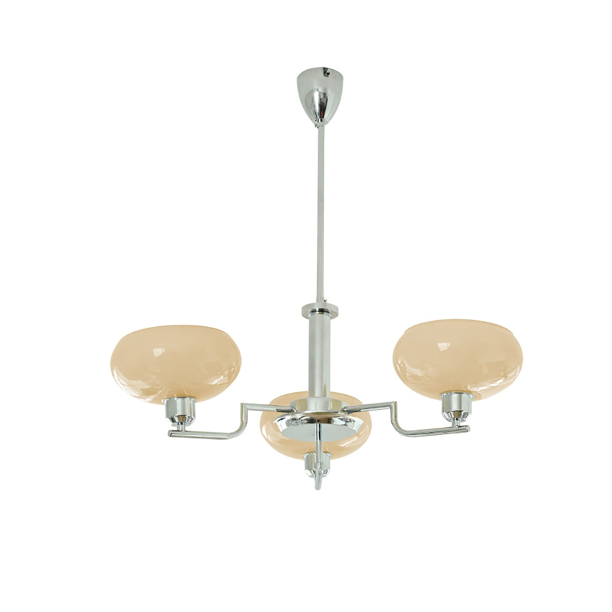 Three-head chrome Clérachic chandelier on a plain white backdrop, with beige glass domes and a polished stem.