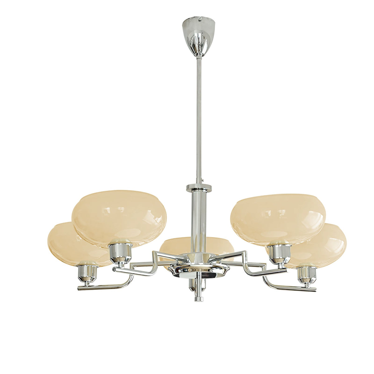 Five-head chrome Clérachic chandelier on plain white, its beige glass domes spread on polished silver arms.
