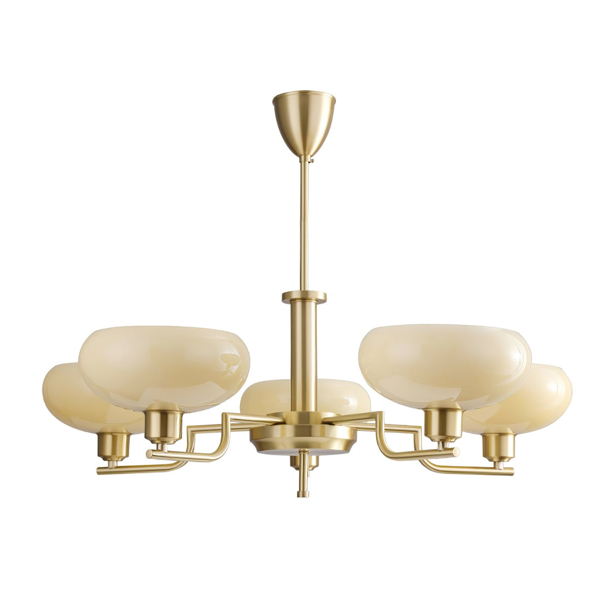 Studio view of a five-head gold Clérachic chandelier with butter-coloured glass domes on brass arms.