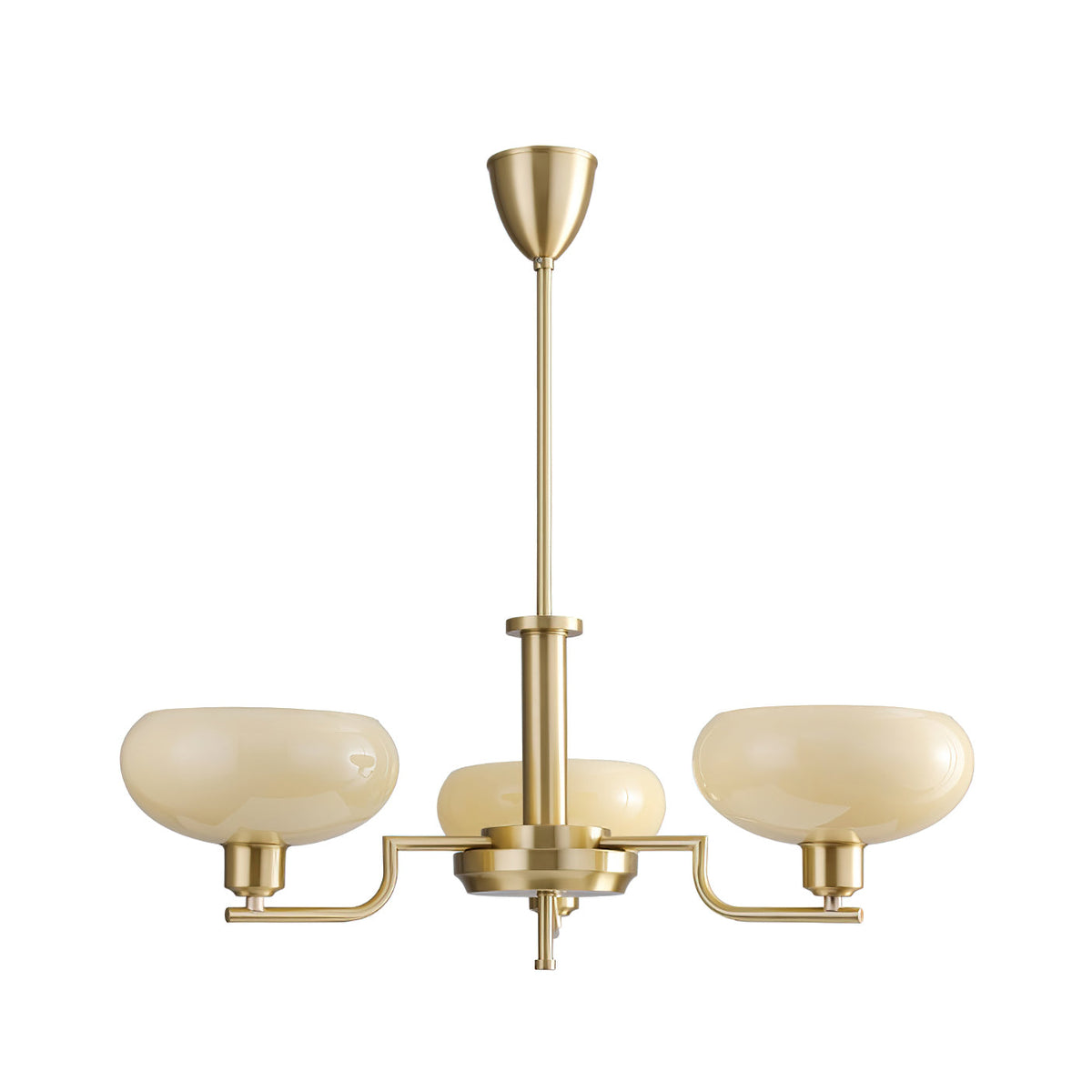Three-head gold Clérachic chandelier on a white backdrop, wide pale glass domes on brass arms with a tall stem.