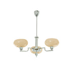 Three-head chrome Clérachic chandelier on white, pale amber glass domes and a polished silver rod.